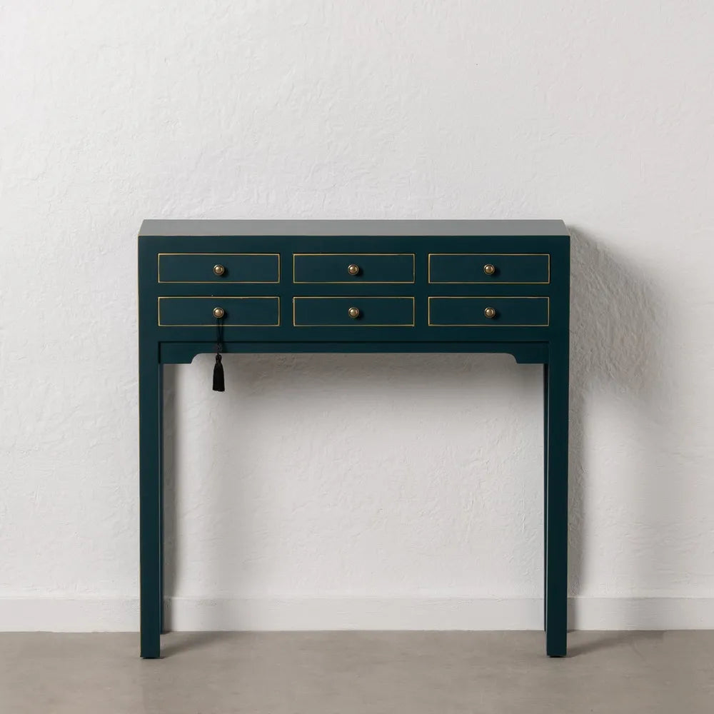 Ainara blue wooden console with 6 drawers and gold trim