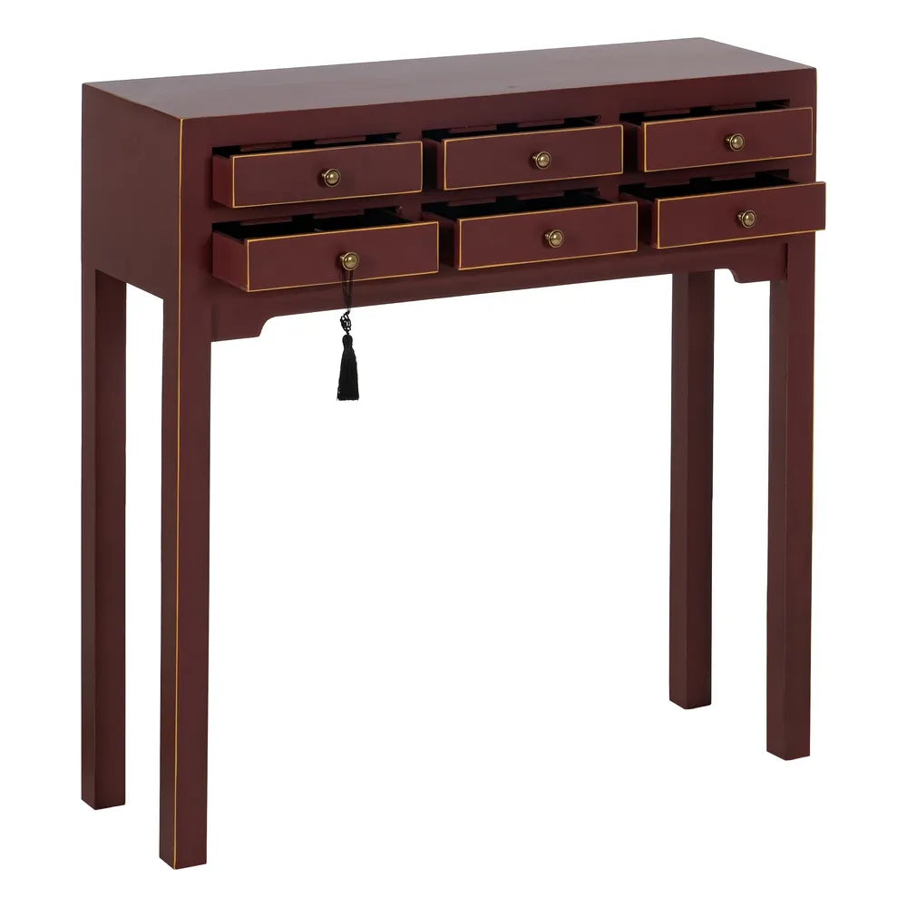 Aina red wooden console with 6 drawers and gold accent lines