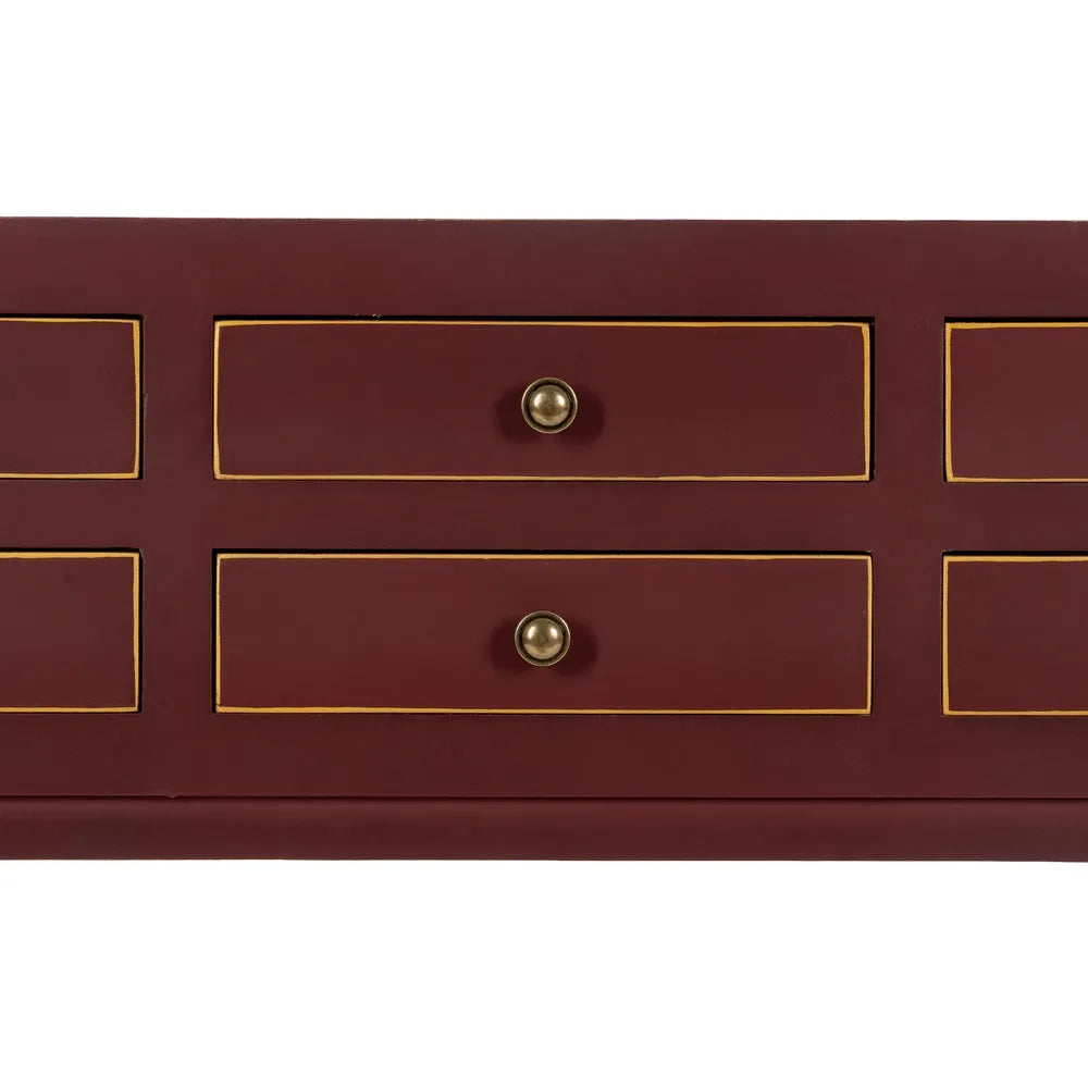 Aina red wooden console with 6 drawers and gold accent lines