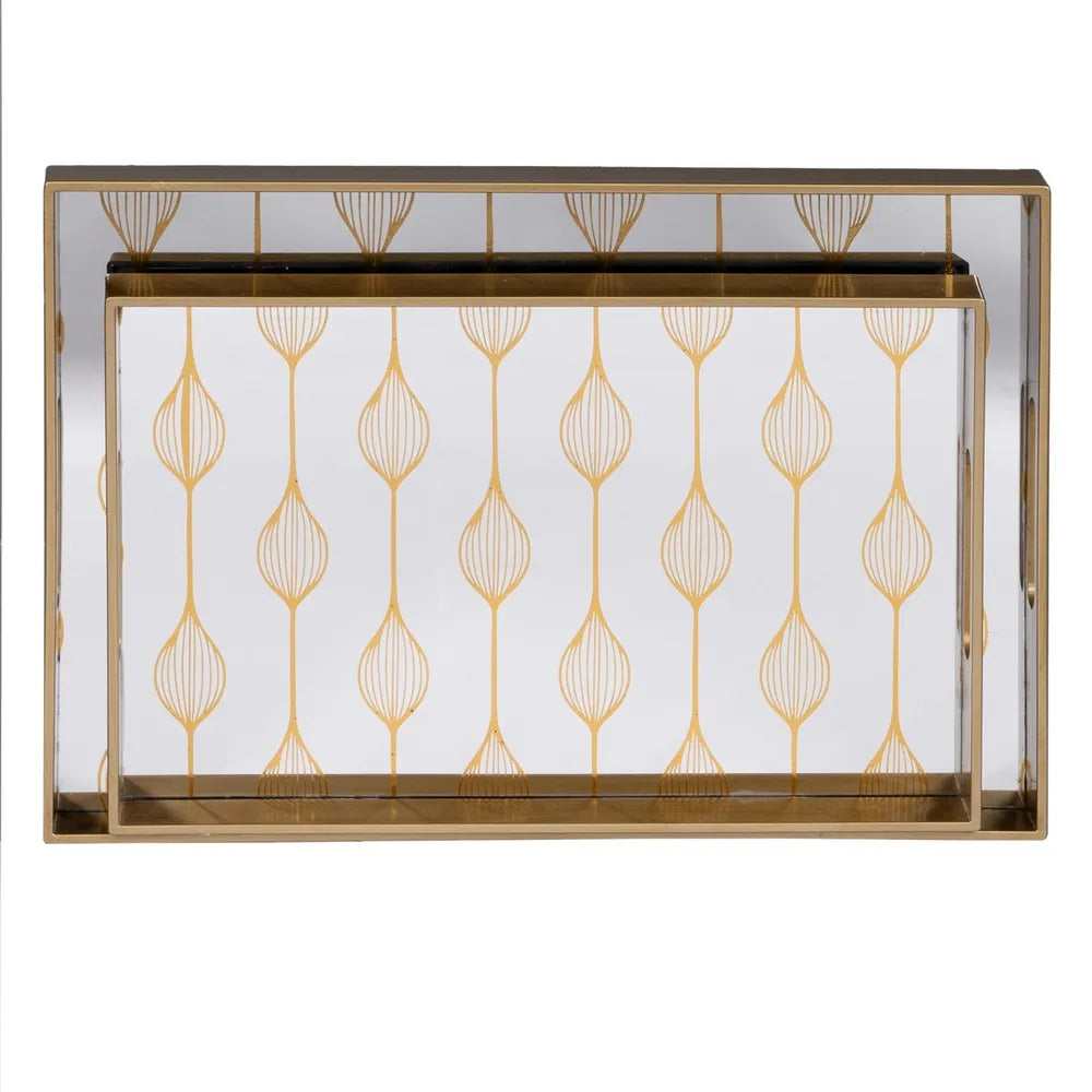 Imogen silver-gold decorative tray set with geometric pattern on mirrored surface