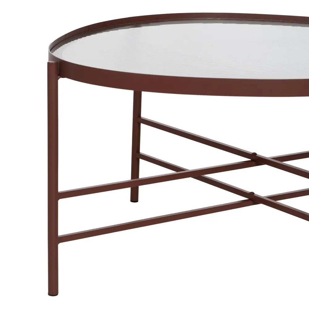 Alejandro tile-colored metal coffee table with ribbed glass top in a contemporary setting