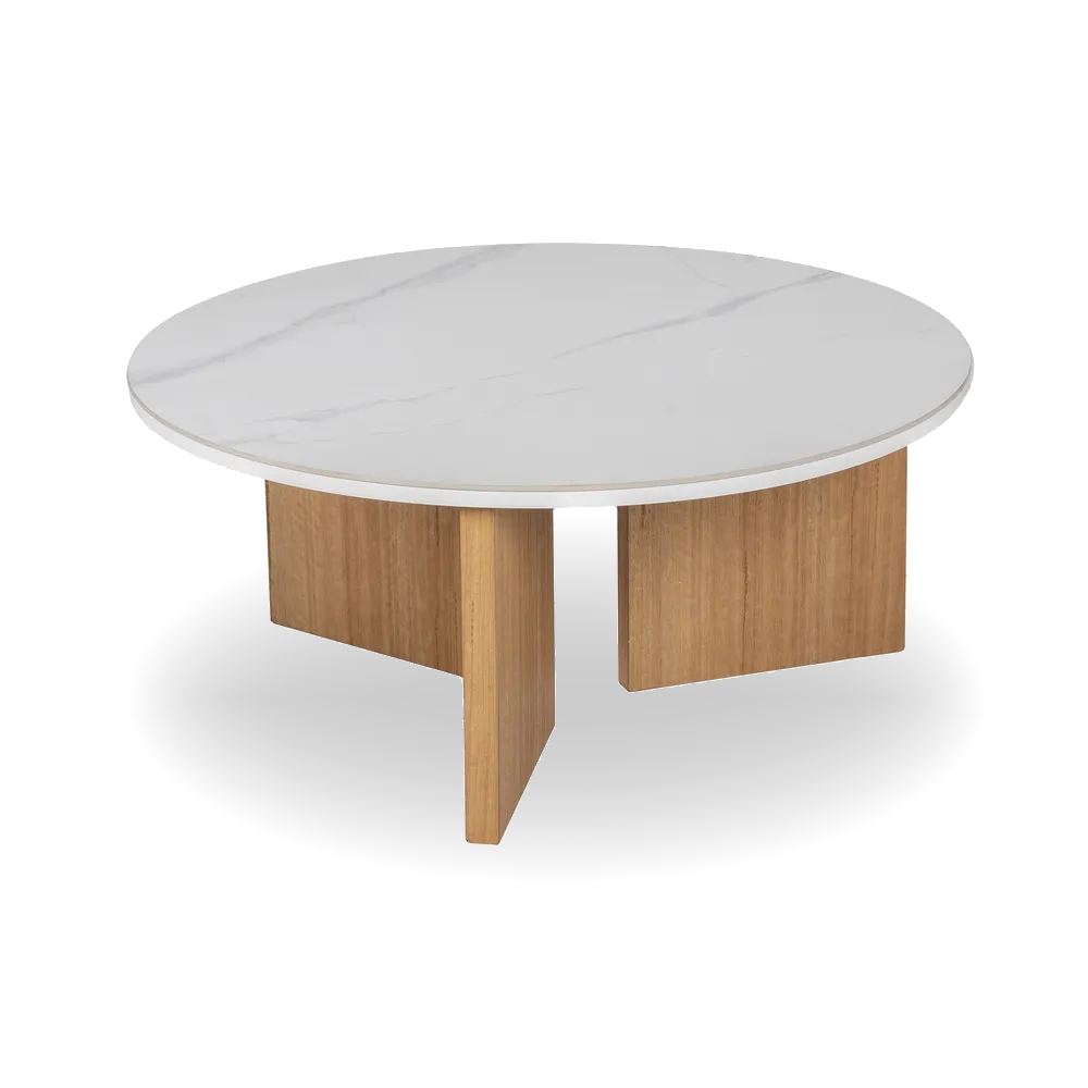 Sierra coffee table with imitation marble ceramic top and natural wood base. 2 cm thick top for a modern, durable finish. By AK Interior Living.