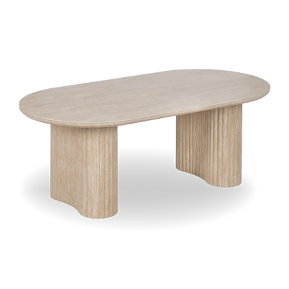 Verona travertine coffee table with oval top and fluted twin base. Elegant natural stone design for modern living rooms. By AK Interior Living.