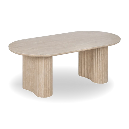 Verona travertine coffee table with oval top and fluted twin base. Elegant natural stone design for modern living rooms. By AK Interior Living.