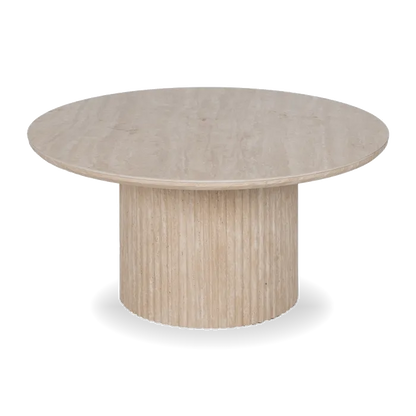 Capri travertine round coffee table with fluted base. Elegant, timeless design perfect for modern or classic living spaces. By AK Interior Living.