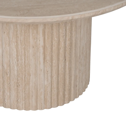 Capri travertine round coffee table with fluted base. Elegant, timeless design perfect for modern or classic living spaces. By AK Interior Living.
