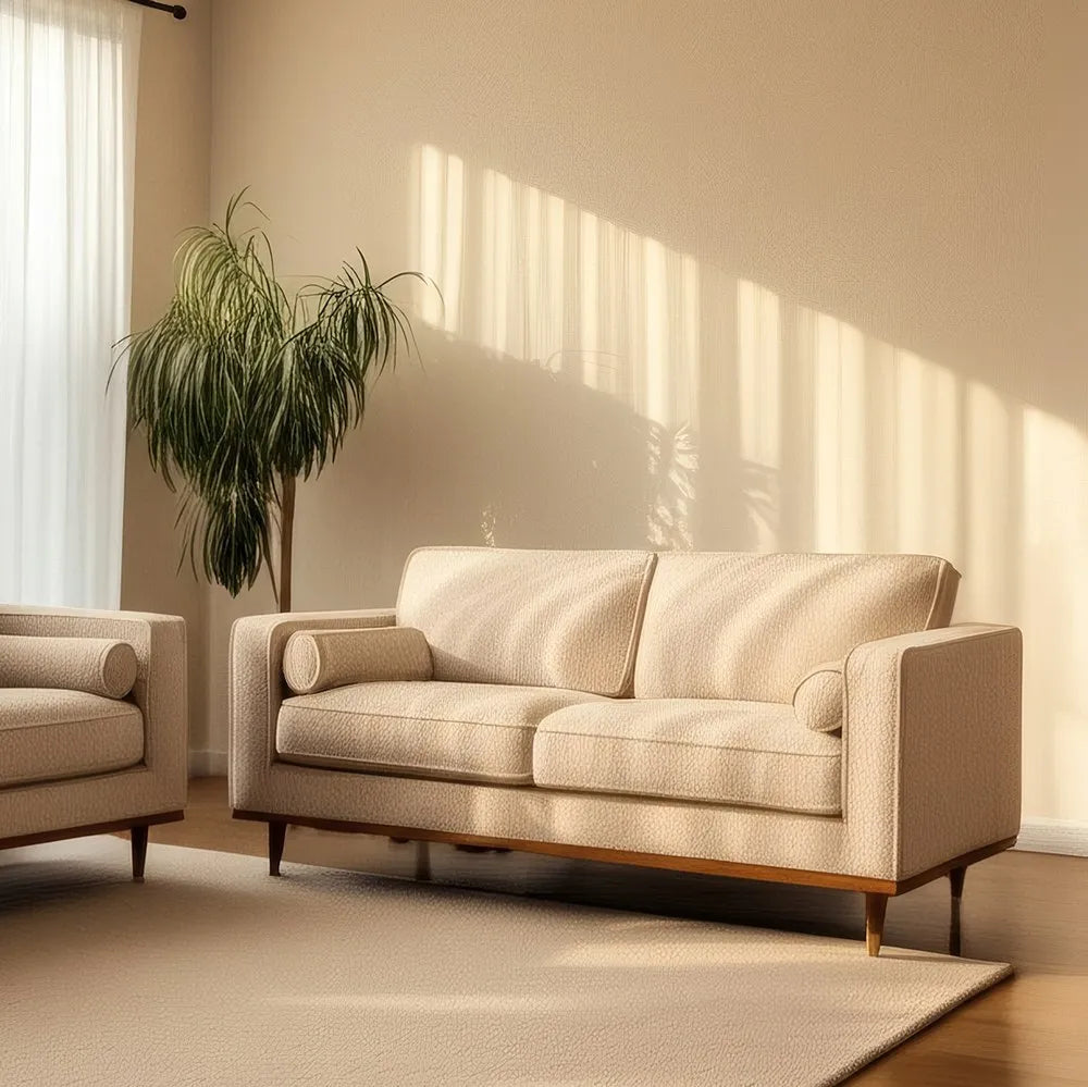 Manuel 2-Seater Sofa Beige Weave-Wood with textured fabric and wooden legs