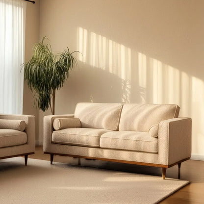 Manuel 2-Seater Sofa Beige Weave-Wood with textured fabric and wooden legs