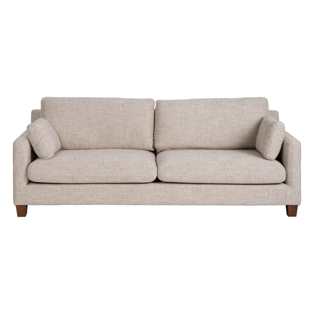 Gael 3 Seater Sofa Beige Weave-Wood with soft fabric cushions and wooden legs, 221 cm wide