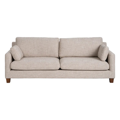 Gael 3 Seater Sofa Beige Weave-Wood with soft fabric cushions and wooden legs, 221 cm wide