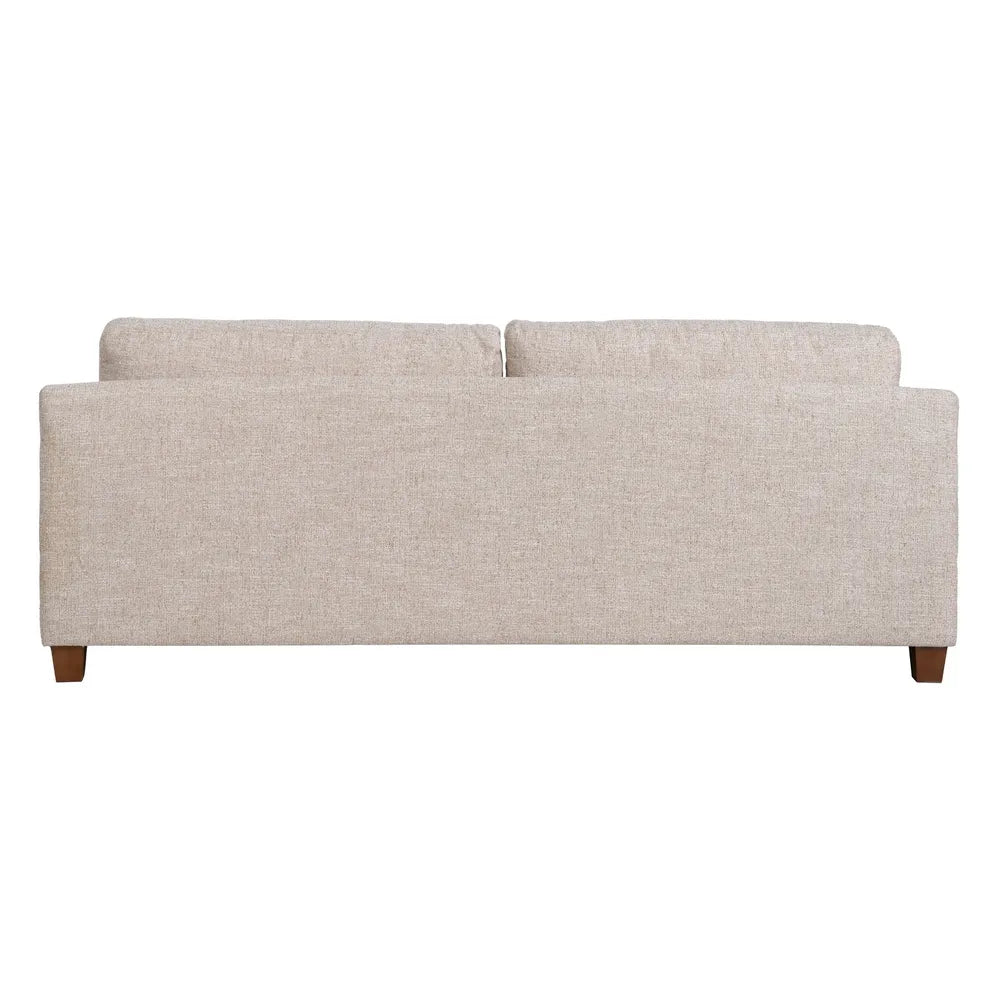 Gael 3 Seater Sofa Beige Weave-Wood with soft fabric cushions and wooden legs, 221 cm wide