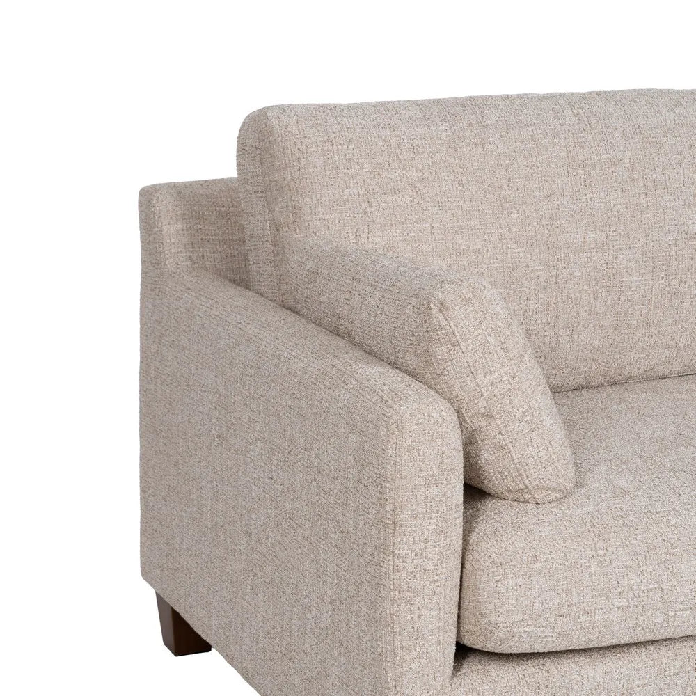 Gael 3 Seater Sofa Beige Weave-Wood with soft fabric cushions and wooden legs, 221 cm wide
