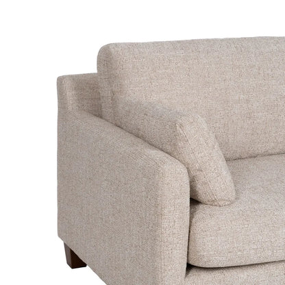 Gael 3 Seater Sofa Beige Weave-Wood with soft fabric cushions and wooden legs, 221 cm wide