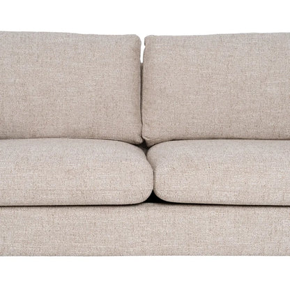 Gael 3 Seater Sofa Beige Weave-Wood with soft fabric cushions and wooden legs, 221 cm wide