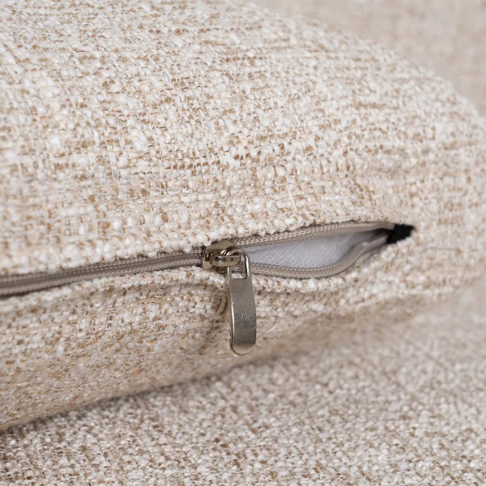 Gael 3 Seater Sofa Beige Weave-Wood with soft fabric cushions and wooden legs, 221 cm wide