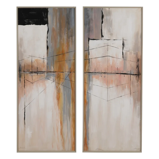 Verto abstract two-piece canvas set with warm earthy tones, linear design, and floating wooden frames by AK Interior Living.