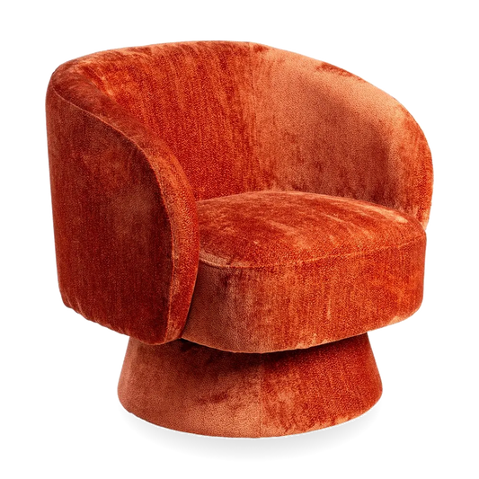 KAT fabric revolving armchair with curved backrest and rounded base from AK Interior Living