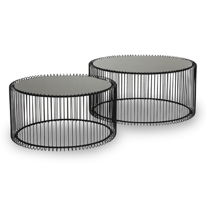 BEN Black Wire Coffee Table Set with glass tops and minimalist wireframe bases (set of 2).