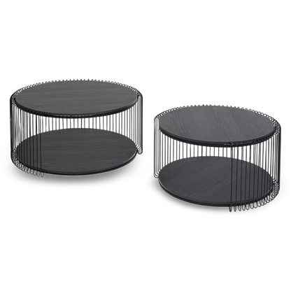 Modern JARED Black Wood Wire Coffee Table Set with double-layer storage and bold wireframe design.