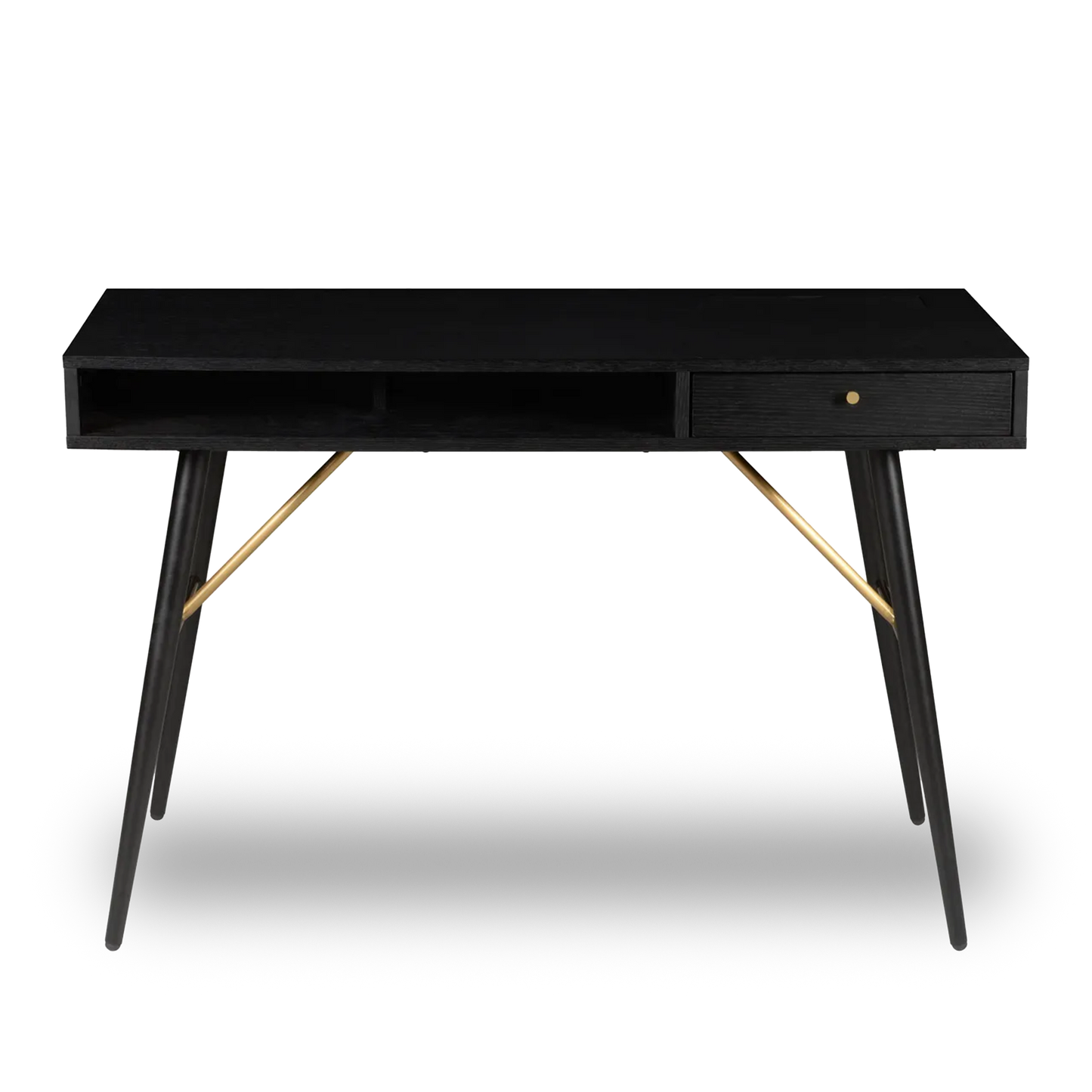 FION 120 cm black desk with drawer, open shelves and brass leg details, modern home office furniture