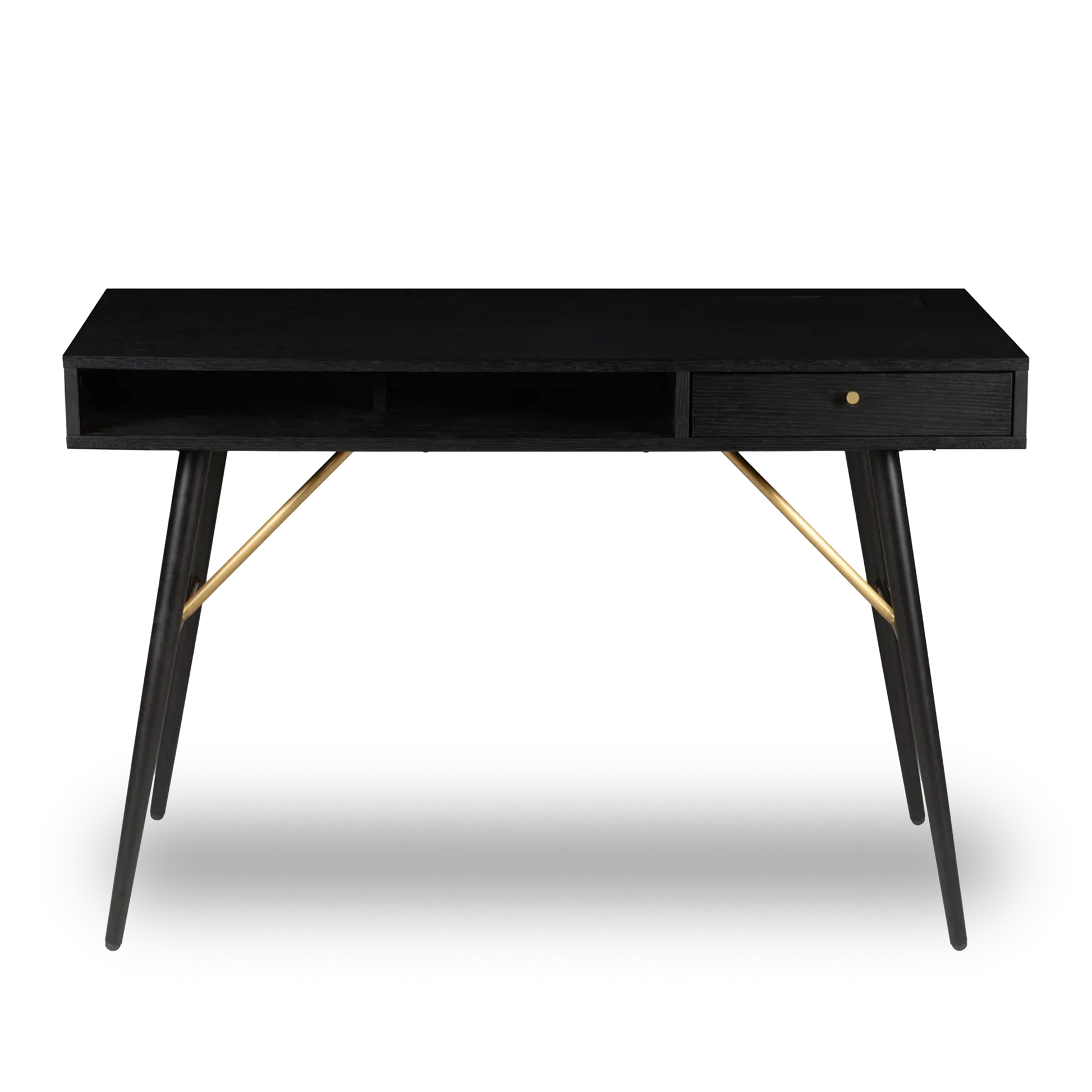 FION 120 cm black desk with drawer, open shelves and brass leg details, modern home office furniture