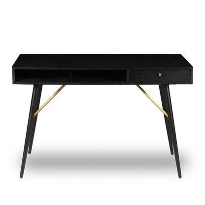 FION 120 cm black desk with drawer, open shelves and brass leg details, modern home office furniture