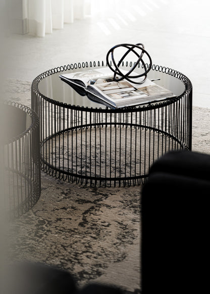BEN Black Wire Coffee Table Set with glass tops and minimalist wireframe bases (set of 2).