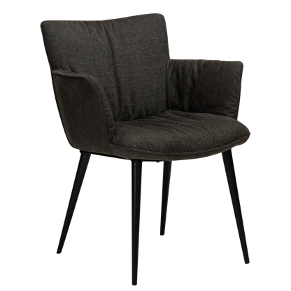DWAYNE Armchair in crow black fabric with black metal legs, perfect for a modern interior setting