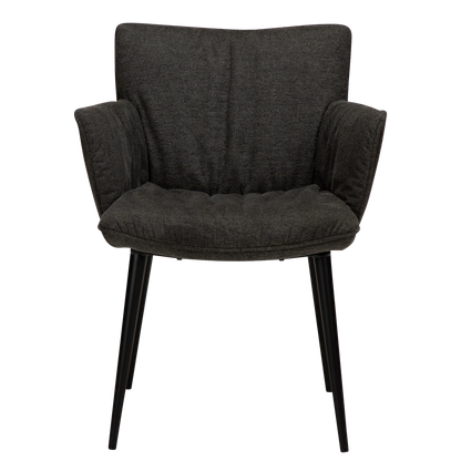 DWAYNE Armchair in crow black fabric with black metal legs, perfect for a modern interior setting