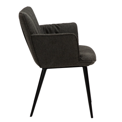 DWAYNE Armchair in crow black fabric with black metal legs, perfect for a modern interior setting