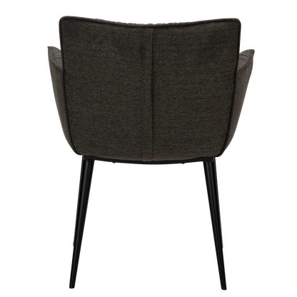 DWAYNE Armchair in crow black fabric with black metal legs, perfect for a modern interior setting