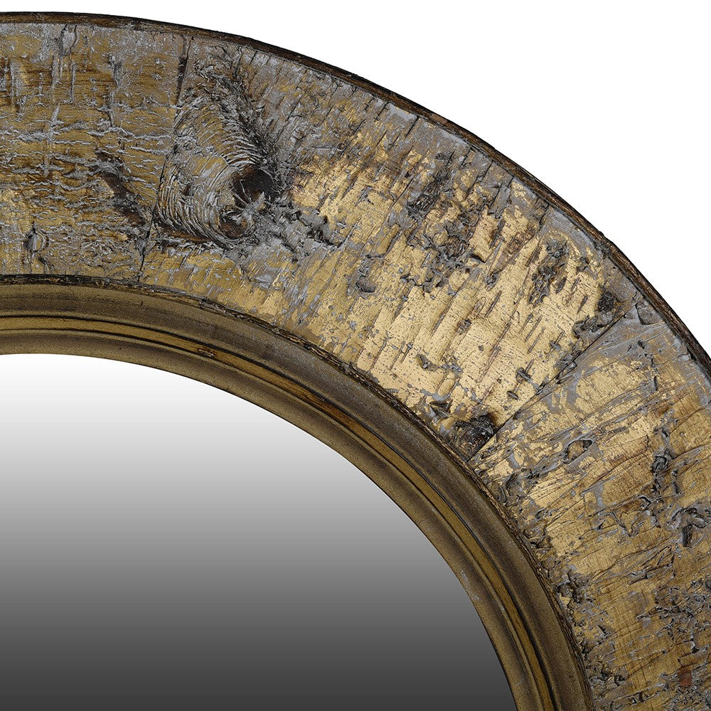 BRAD Round mirror with bark-textured antique gold frame.