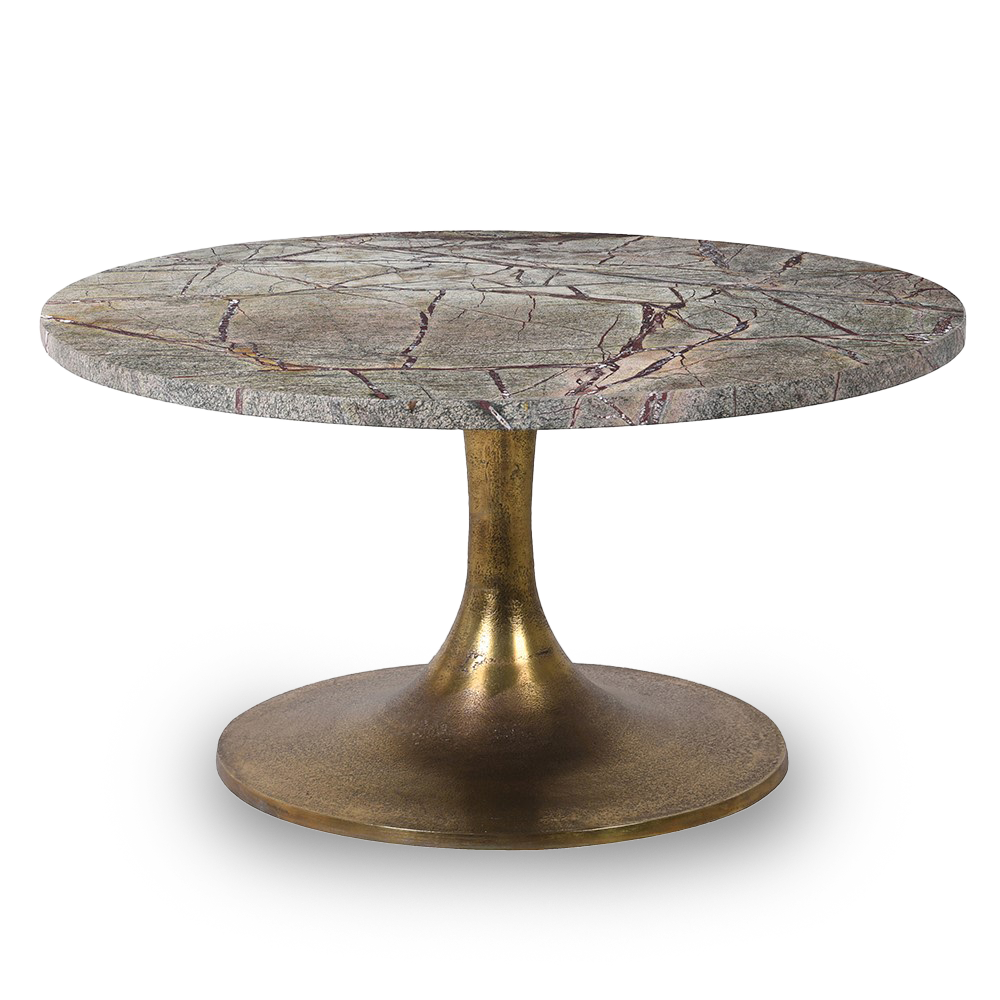 KRISTEN Green marble coffee table with antique brass base, luxurious veining, and polished surface for an elegant living room centerpiece.
