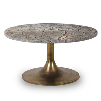 KRISTEN Green marble coffee table with antique brass base, luxurious veining, and polished surface for an elegant living room centerpiece.