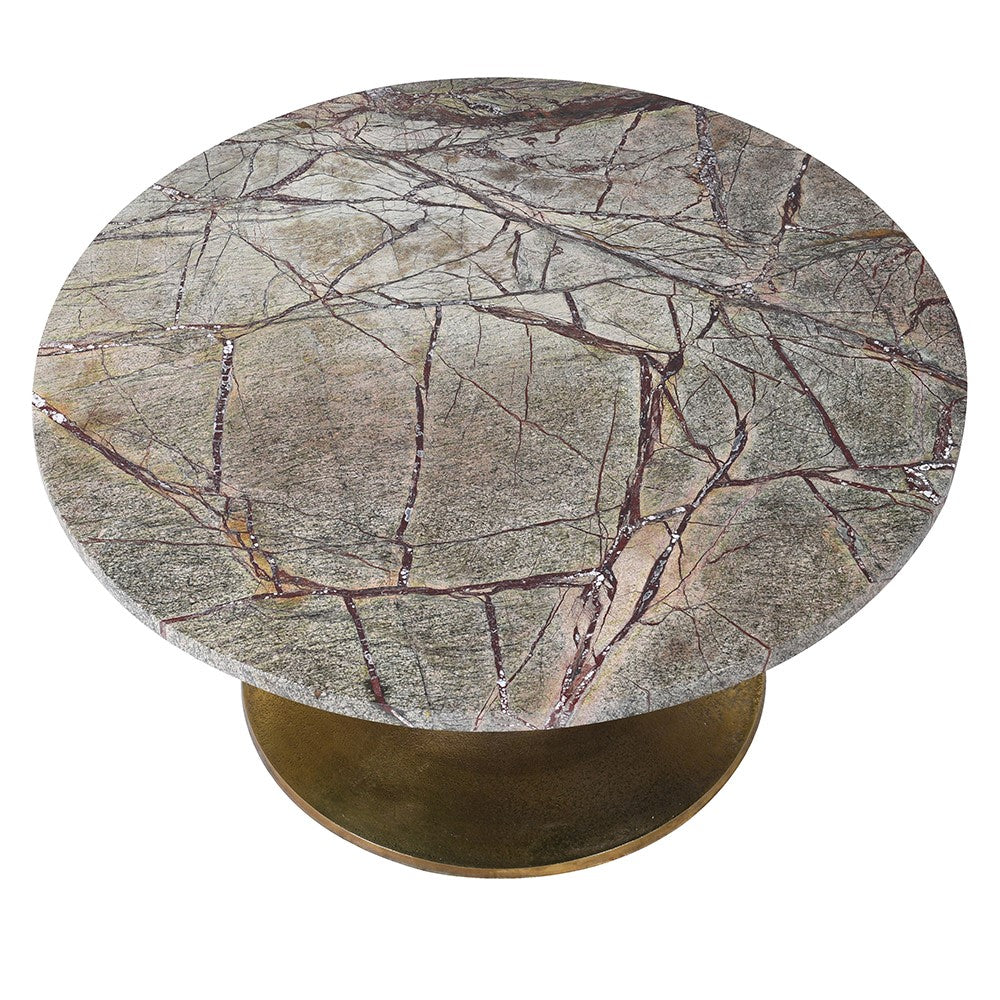 KRISTEN Green marble coffee table with antique brass base, luxurious veining, and polished surface for an elegant living room centerpiece.