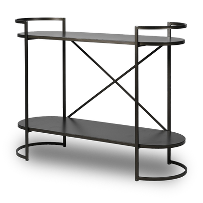 BILLIE Aged Black Shelf Unit with two-tier storage and curved edge design