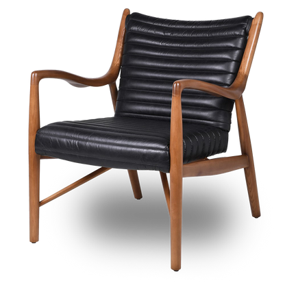 JASON Black Ribbed Leather Armchair with walnut wood frame, sleek mid-century modern design, and premium black ribbed leather upholstery.