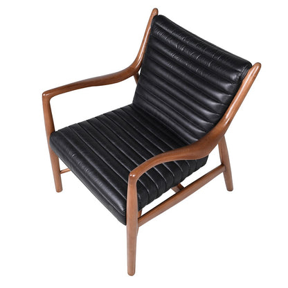 JASON Black Ribbed Leather Armchair with walnut wood frame, sleek mid-century modern design, and premium black ribbed leather upholstery.