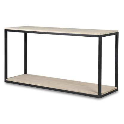 JENNIFER Rustic console unit with black iron frame and weathered wooden shelves for minimalist industrial interiors.