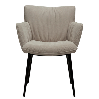 JUSTIN Armchair in desert sand fabric with sleek black metal legs, designed by Says Who