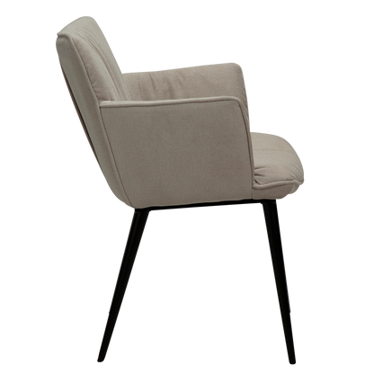 JUSTIN Armchair in desert sand fabric with sleek black metal legs, designed by Says Who