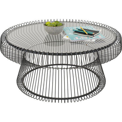 JOAQUIN Black Coffee Table with tempered glass top and wireframe black base for modern interiors.