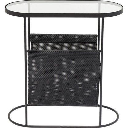 REY Journal Side Table with tempered glass top and black metal mesh pocket for storage.
