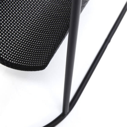REY Journal Side Table with tempered glass top and black metal mesh pocket for storage.
