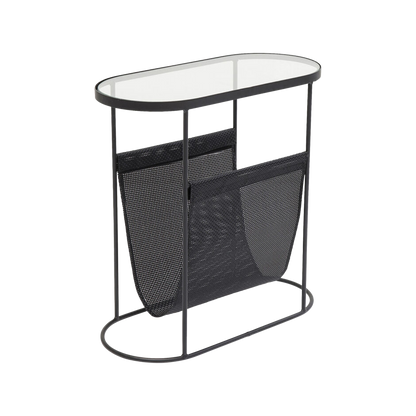 REY Journal Side Table with tempered glass top and black metal mesh pocket for storage.