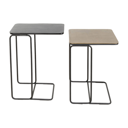 TRAVIS Set of 2 Side Tables with contrasting black and golden tops and sleek black metal frames.