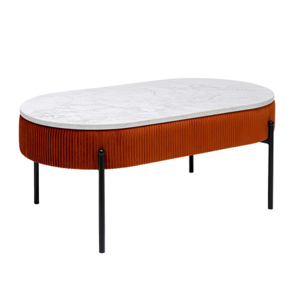 LANA Coffee Table with marble-look top, rust-colored velvet accents, and hidden storage compartment.