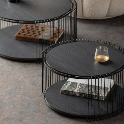 Modern JARED Black Wood Wire Coffee Table Set with double-layer storage and bold wireframe design.
