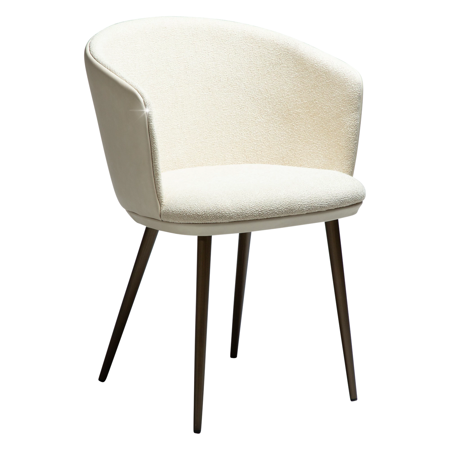 LIONEL Armchair in Frosted almond bouclé fabric with antique brass metal legs, combining elegance and comfort