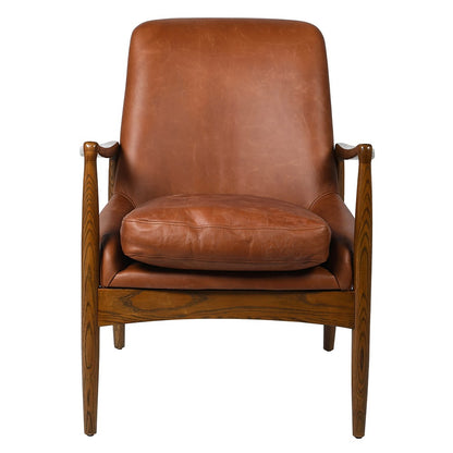 SANDRA leather armchair with solid oak frame, mid-century modern design, and premium padded cushions for luxurious comfort.
